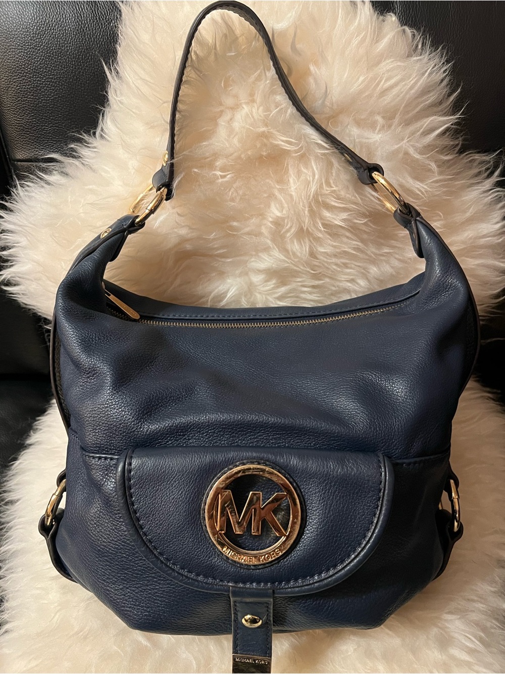 Michael Kors Fulton Large Navy Pebbled Leather Hobo Shoulder Bag
